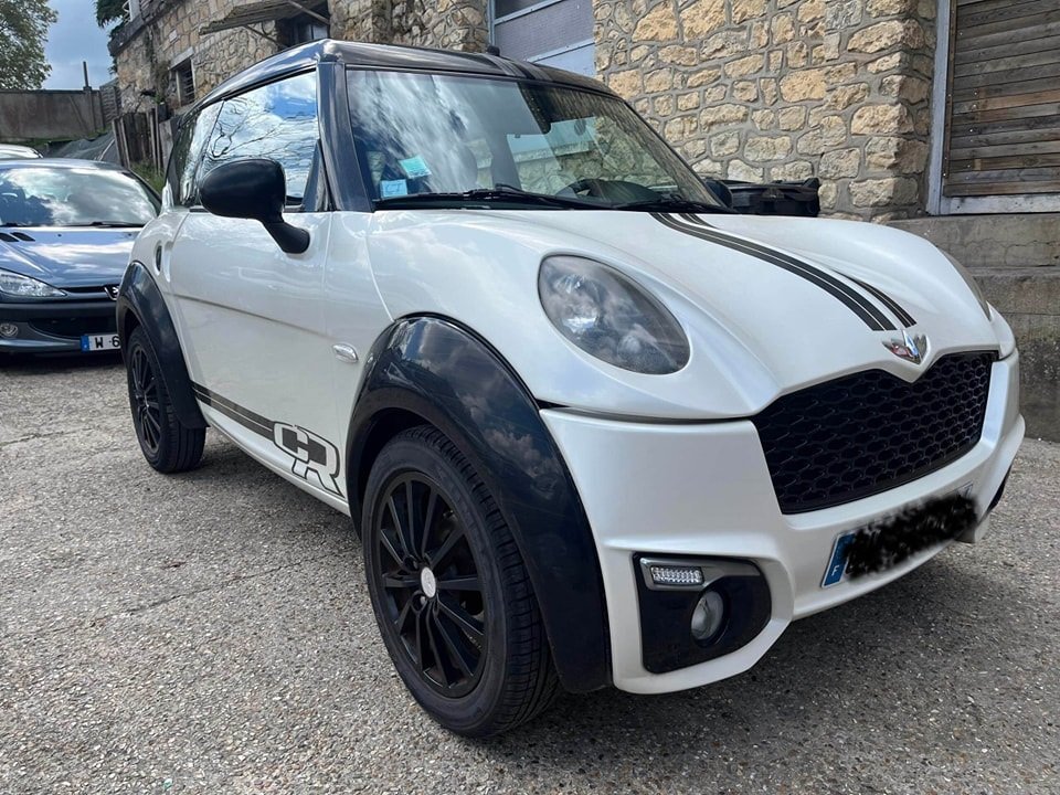 Vue latérale microcar montrant formes compactes et peinture nacrée